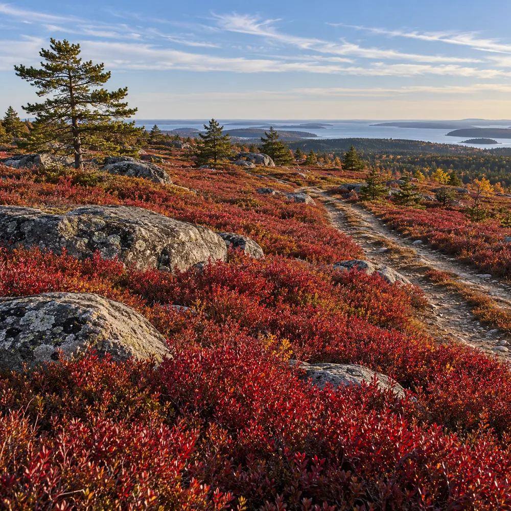 Wild blueberry barrens turned crimson in October with granite boulders and lone pines, Downeast Maine