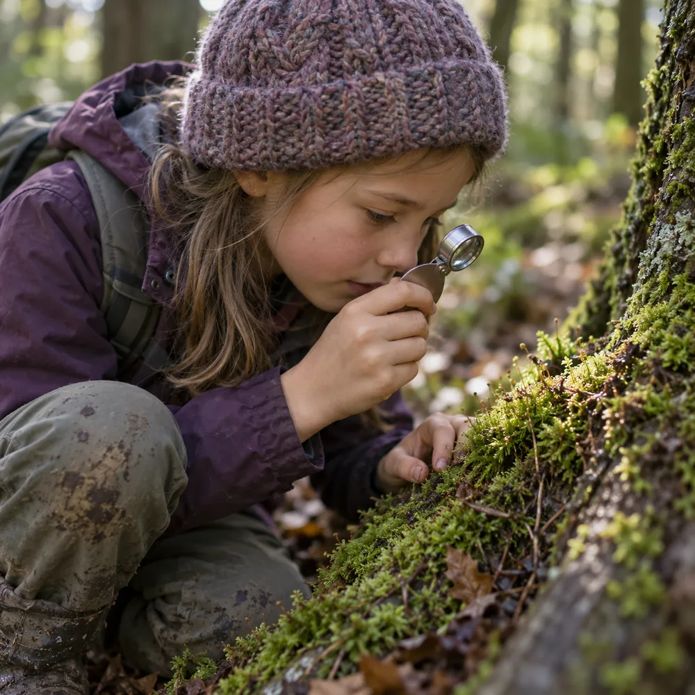Girl looking through a hand lens at moss on a tree root in the woods