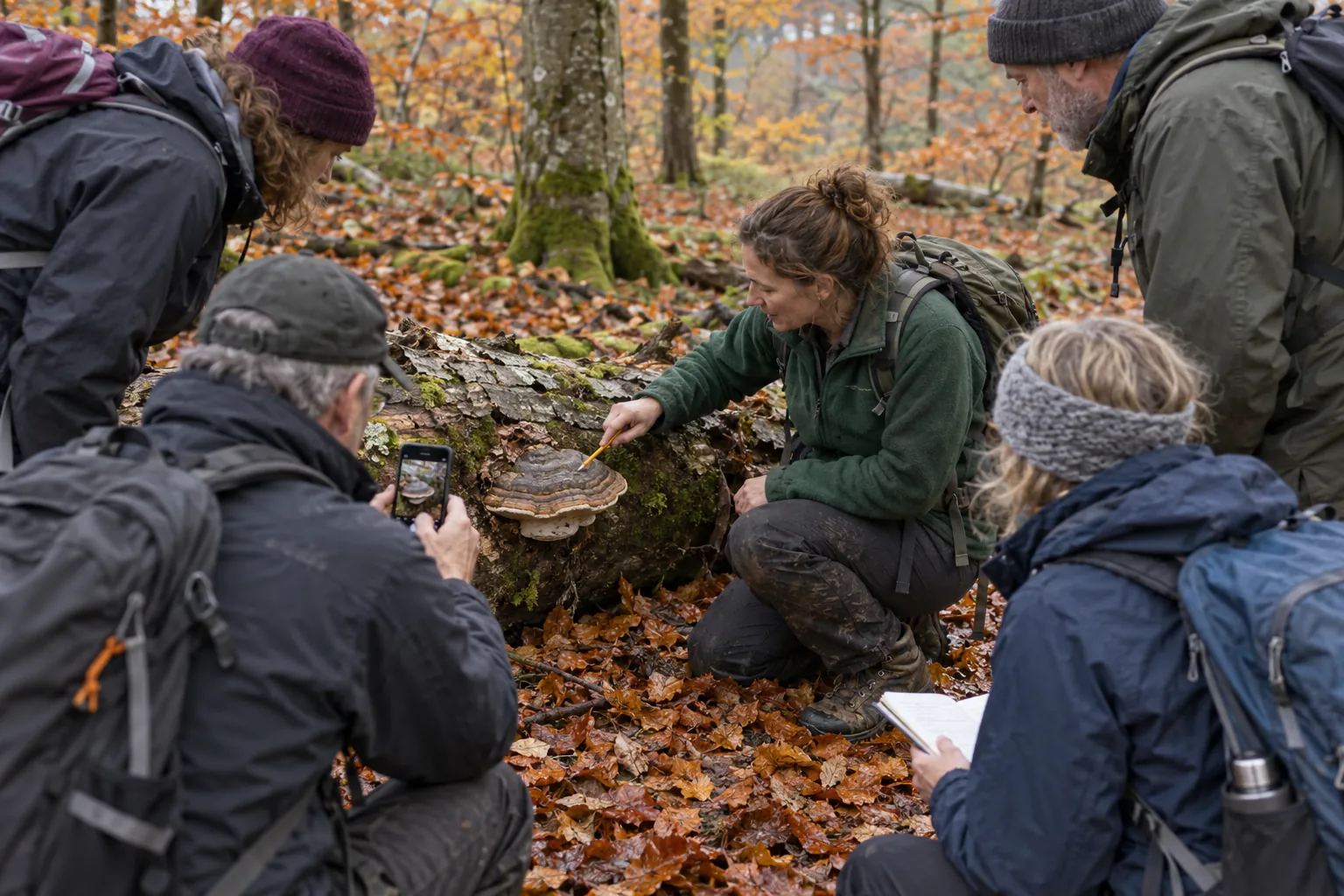 Guide crouching by a fallen log showing a group a bracket fungus