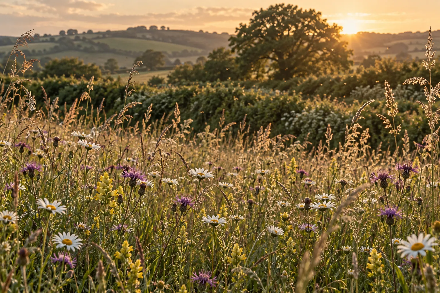 Hayfield with daisies and knapweed in evening light on a Maine farm