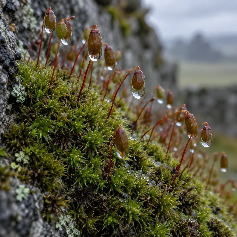 Moss capsules after rain