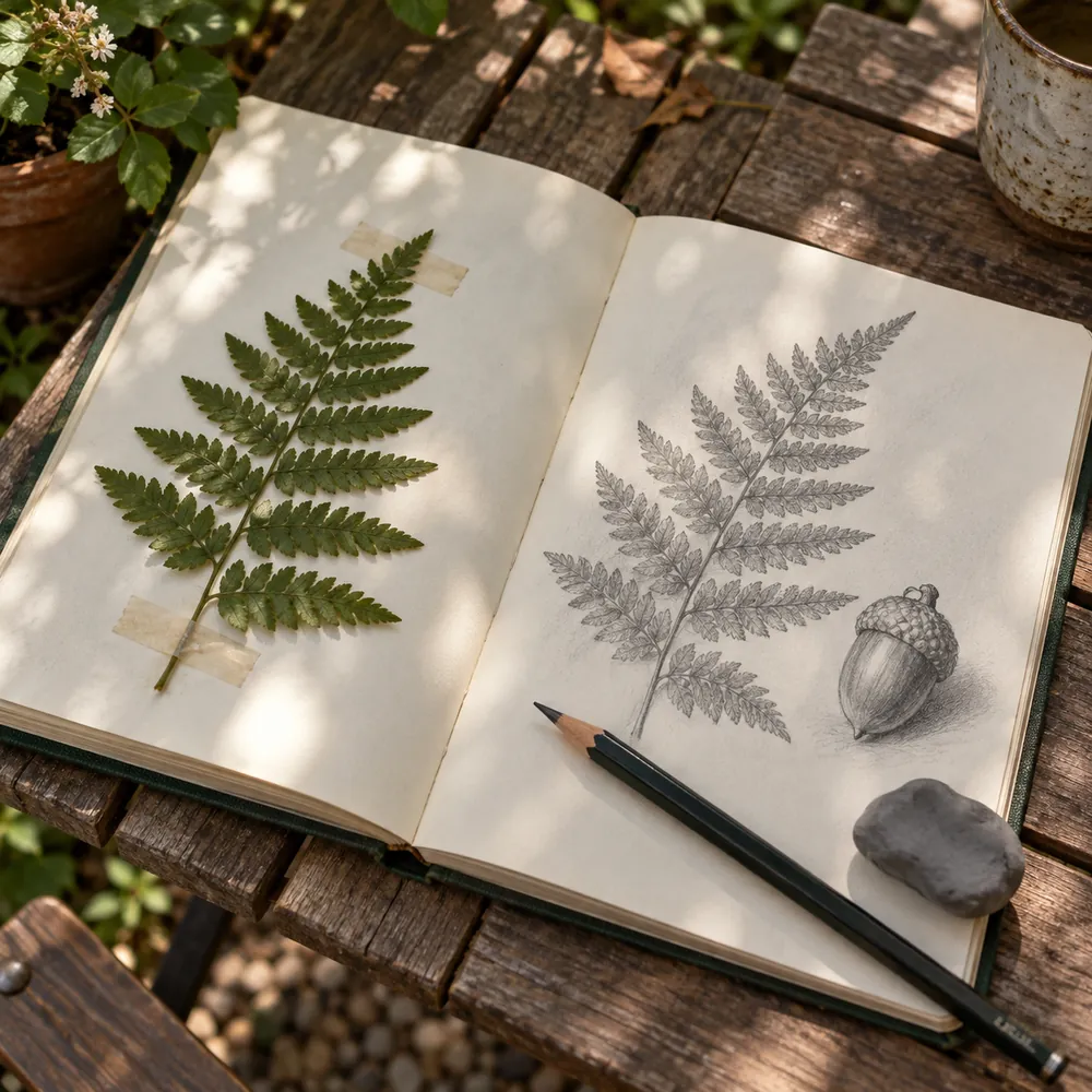Open sketchbook with a pencil drawing of a fern and a pressed fern frond