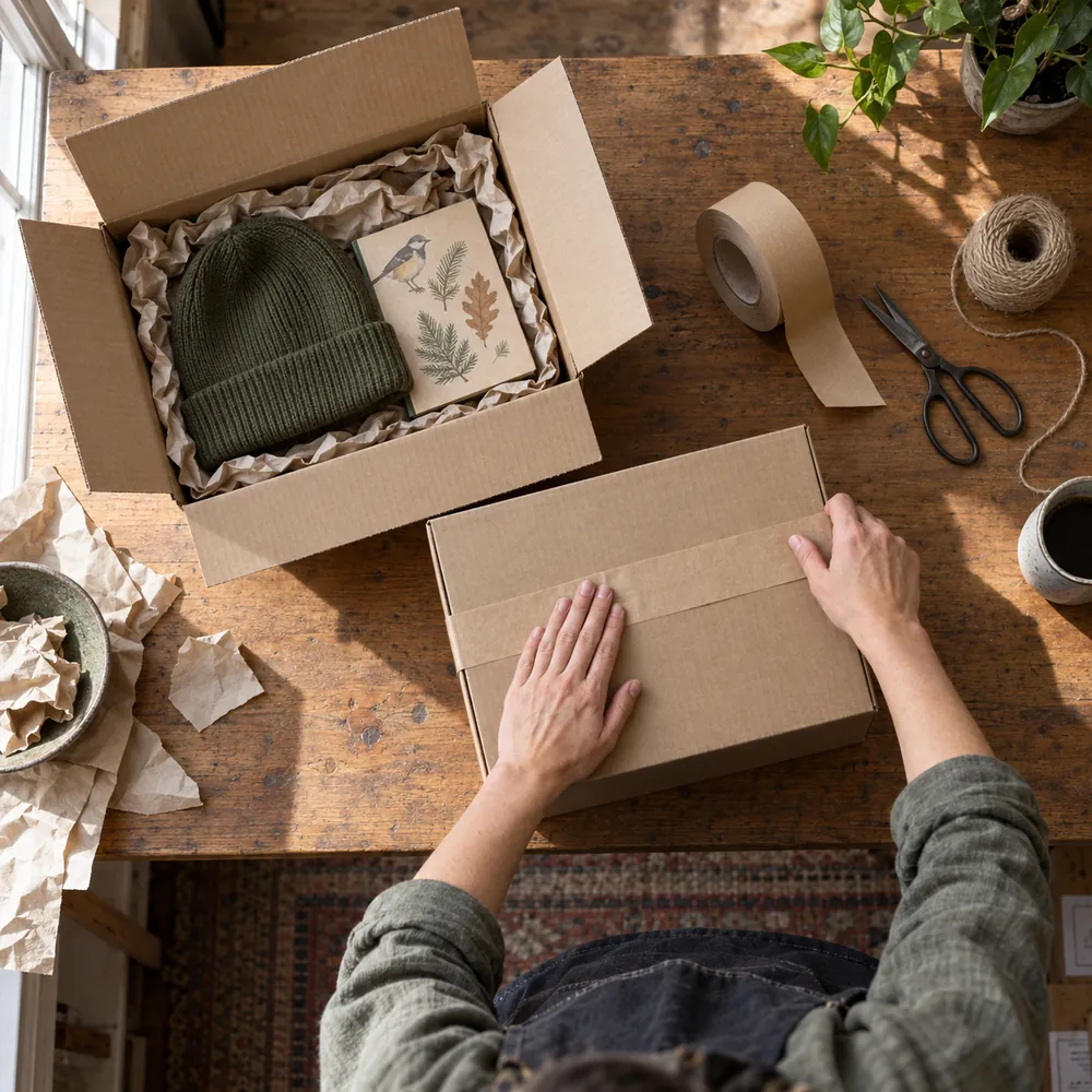 Hands taping a cardboard box with a beanie and field guide packed inside