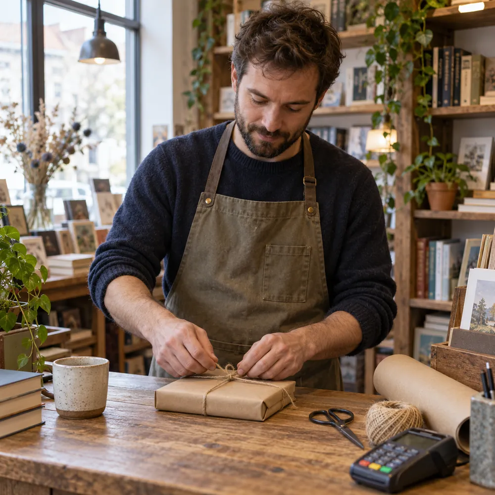 Natulivo team member wrapping a package at the shop counter in Bar Harbor