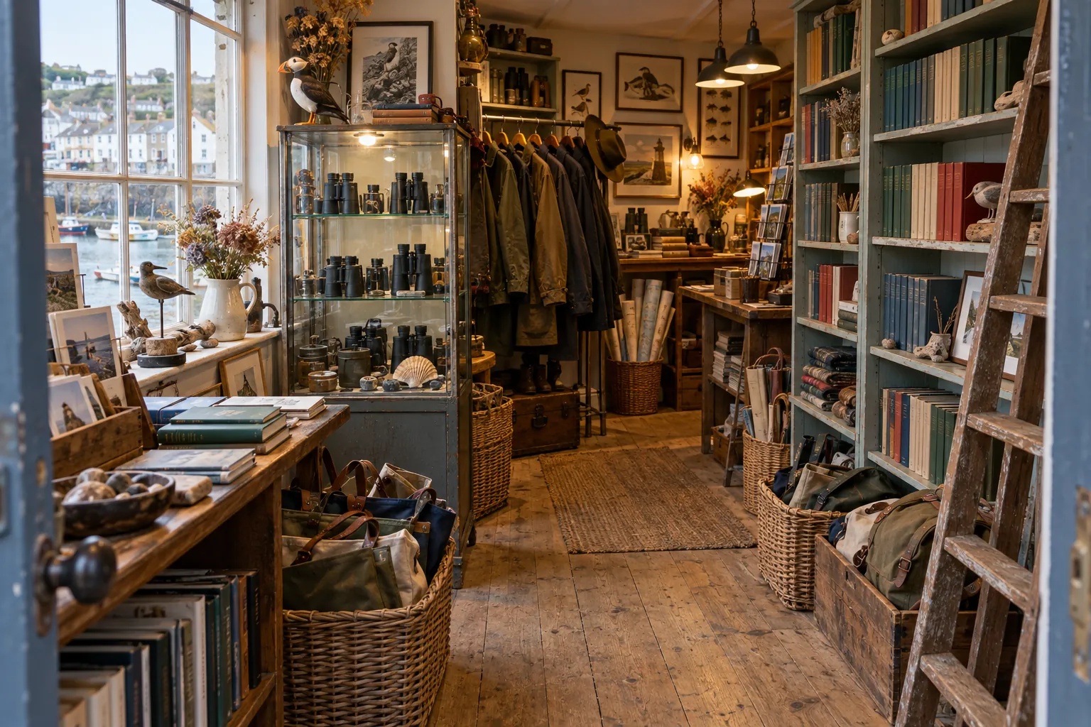 Inside the Natulivo field shop: wooden shelves of field guides, binoculars in a glass cabinet and waxed jackets