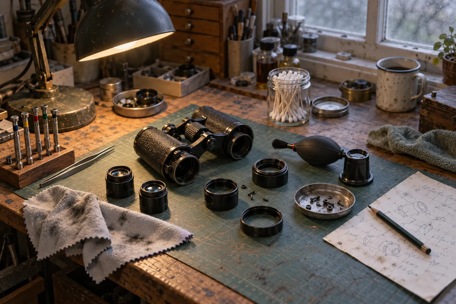 Binoculars partly dismantled on a workbench with small screwdrivers, lens cloth and a lamp